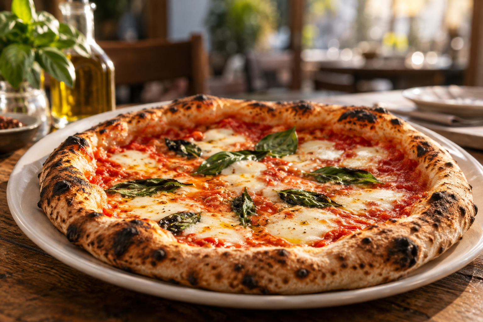 Illustrative wood-fired pizza with fresh basil