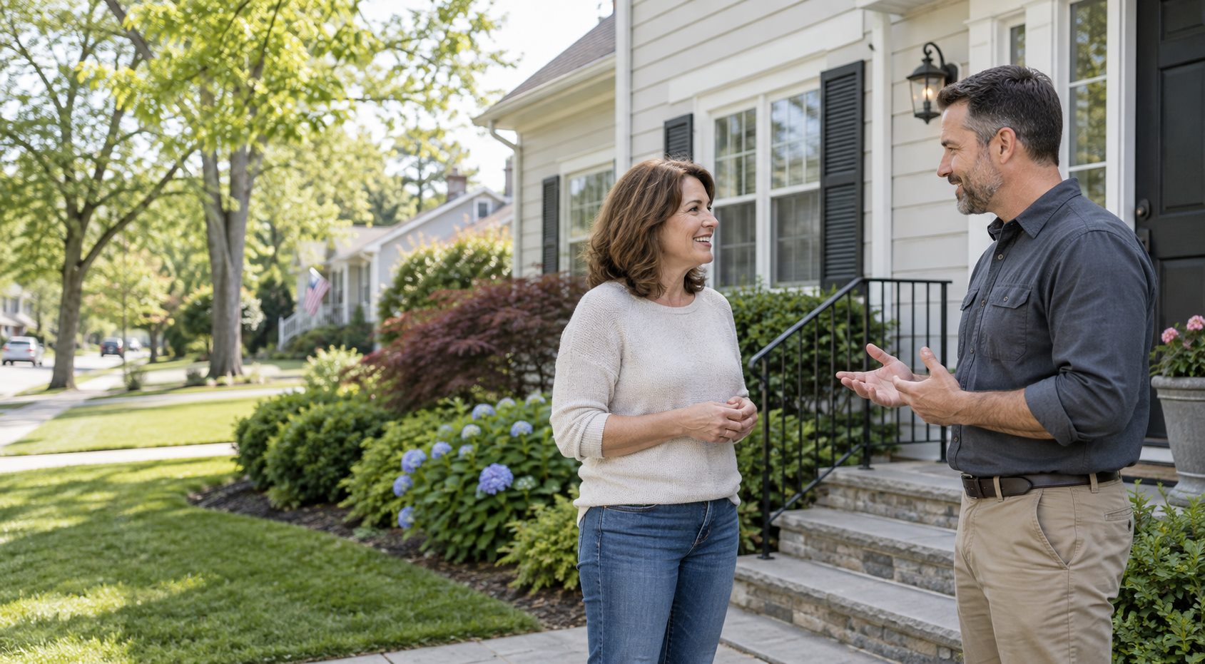 Illustrative homeowner and service professional talking outside a home