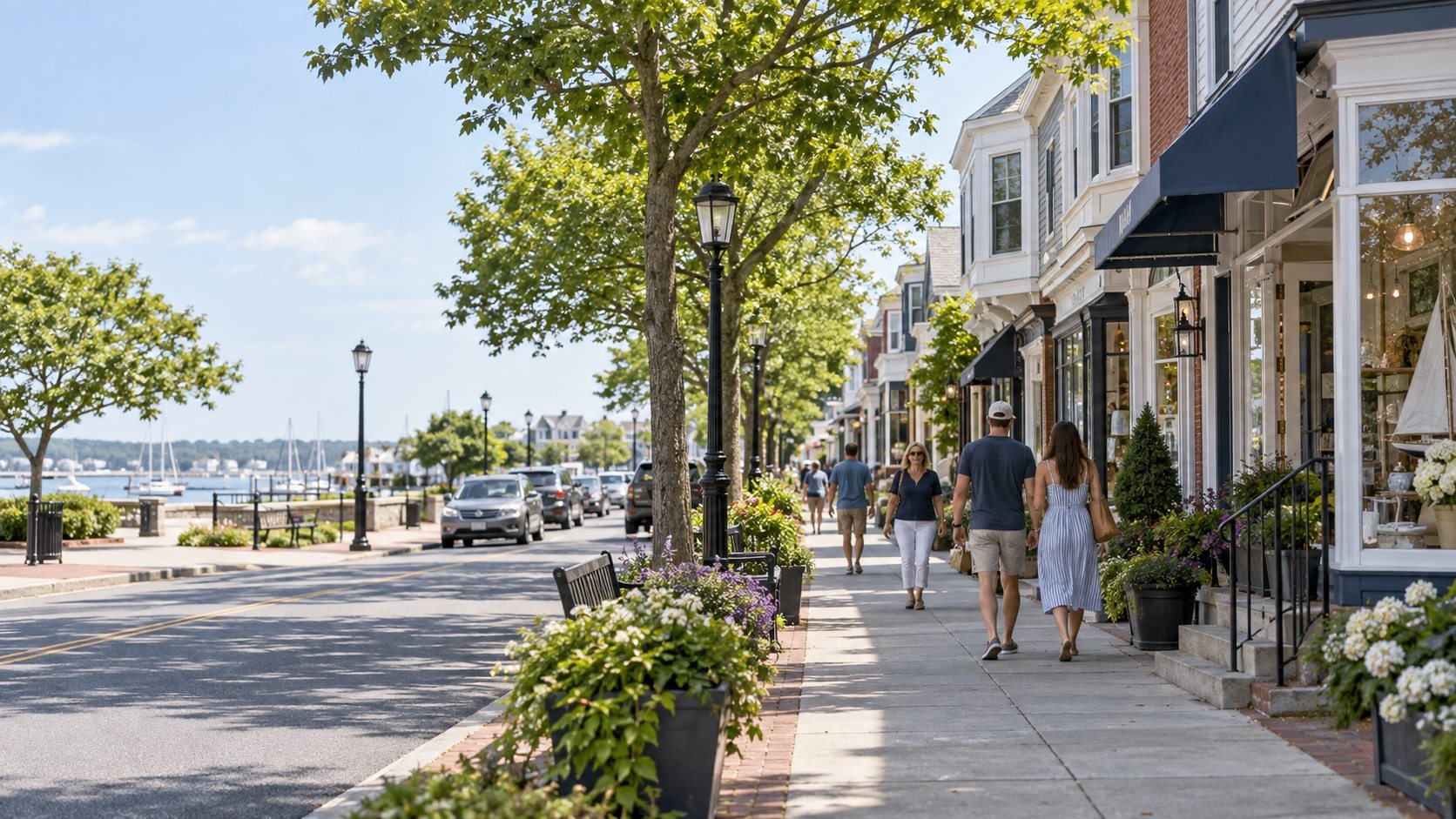 Illustrative walkable neighborhood main street near a waterfront